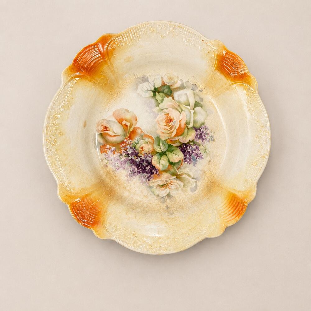 Toasty Crazed Antique-Style Floral Lusterware Scalloped Bowl/R.S. Prussia Style